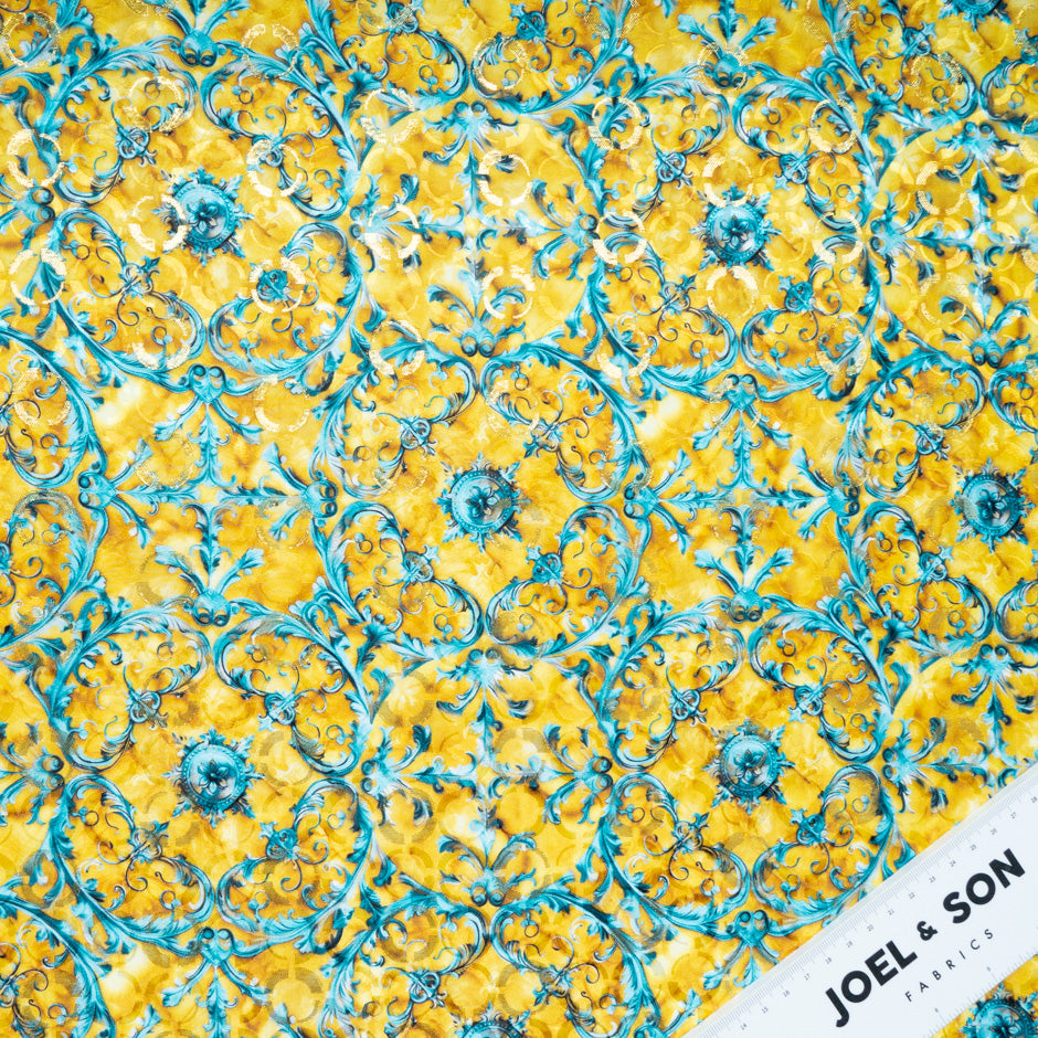 Turquoise & Yellow Geo Silk Metallic Jacquard