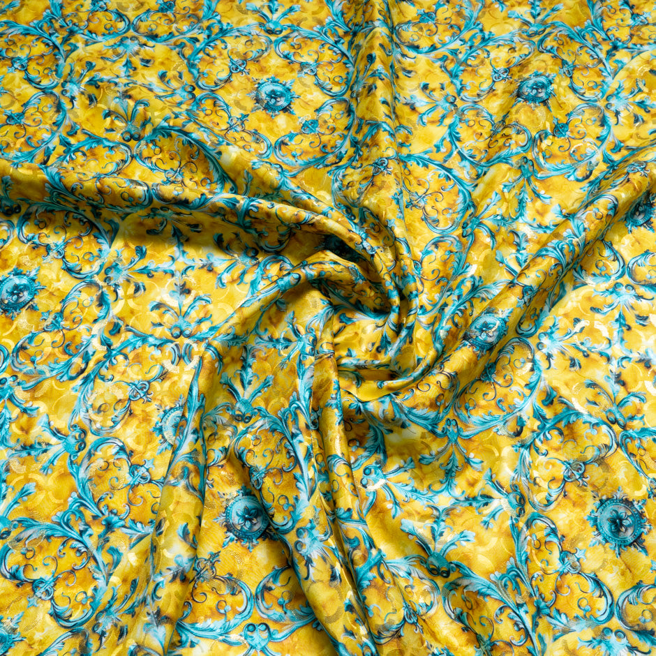Turquoise & Yellow Geo Silk Metallic Jacquard