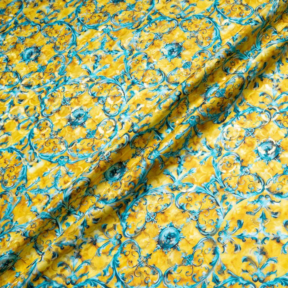 Turquoise & Yellow Geo Silk Metallic Jacquard