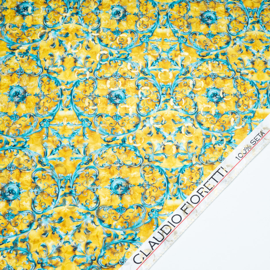 Turquoise & Yellow Geo Silk Metallic Jacquard