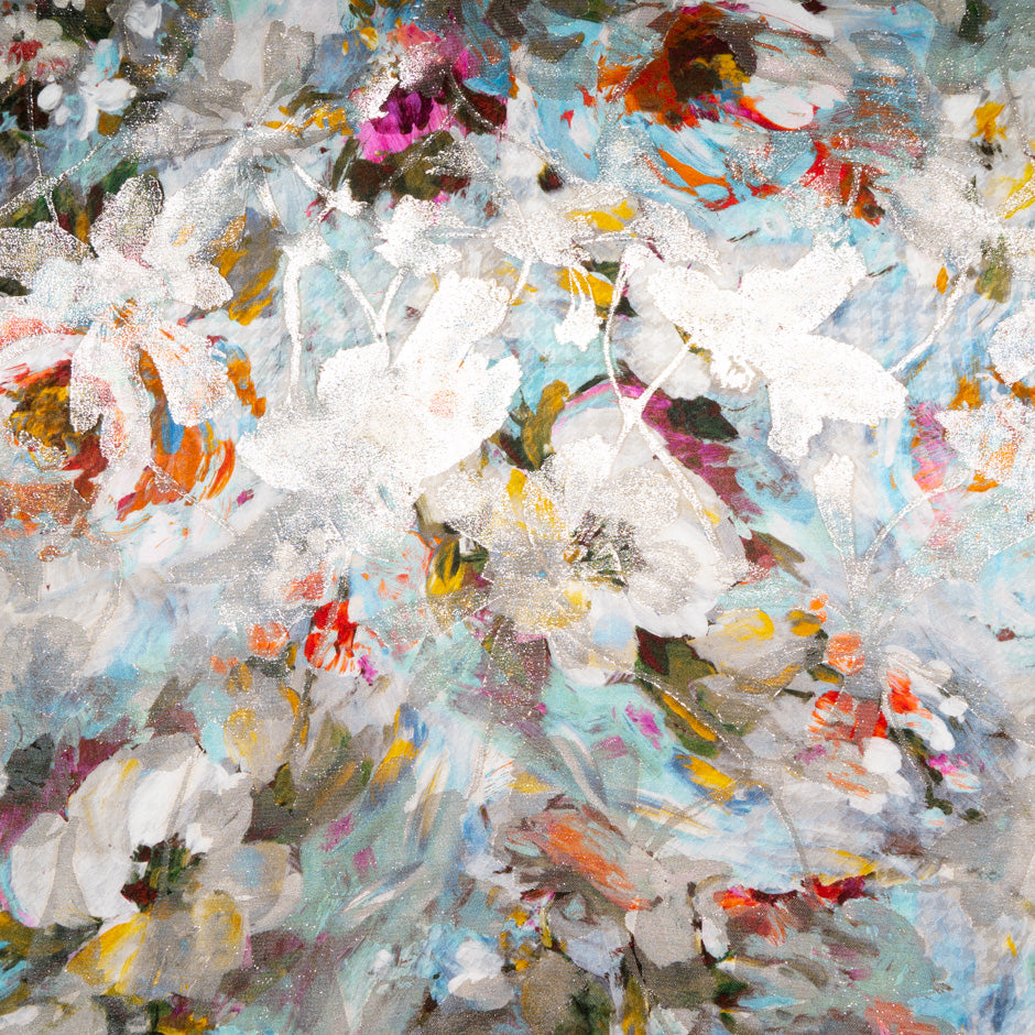 Multi-Coloured Floral Printed Gold Lurex Silk
