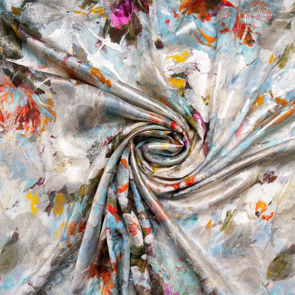 Multi-Coloured Floral Printed Gold Lurex Silk