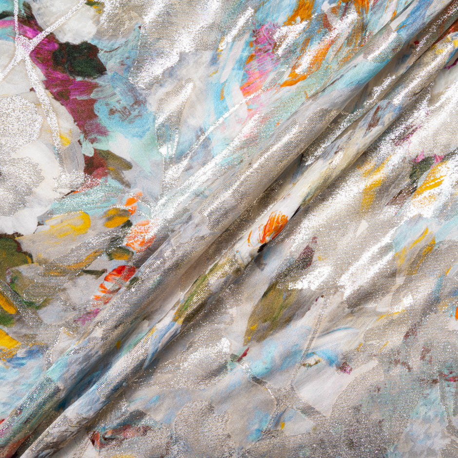 Multi-Coloured Floral Printed Gold Lurex Silk