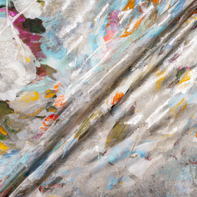 Multi-Coloured Floral Printed Gold Lurex Silk
