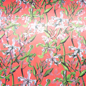 Floral Printed Rich Coral Metallic Silk Blend Jacquard