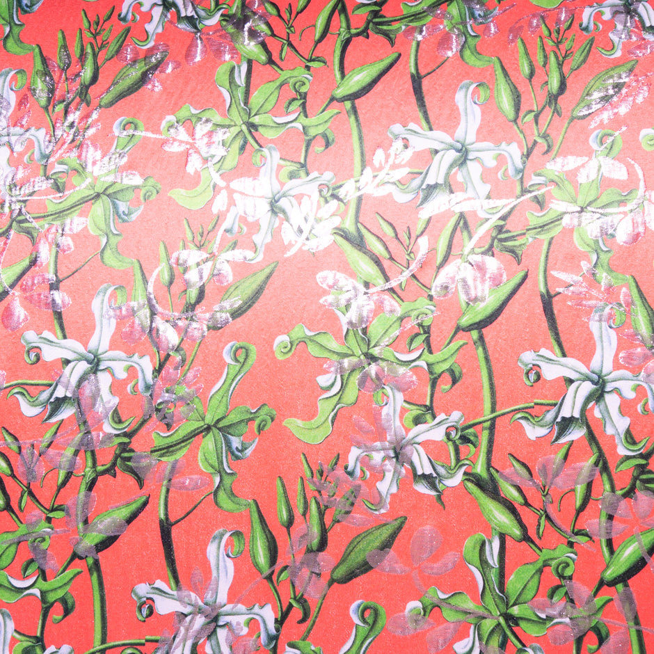 Floral Printed Rich Coral Metallic Silk Blend Jacquard