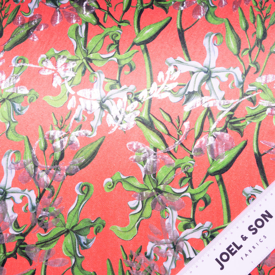 Floral Printed Rich Coral Metallic Silk Blend Jacquard