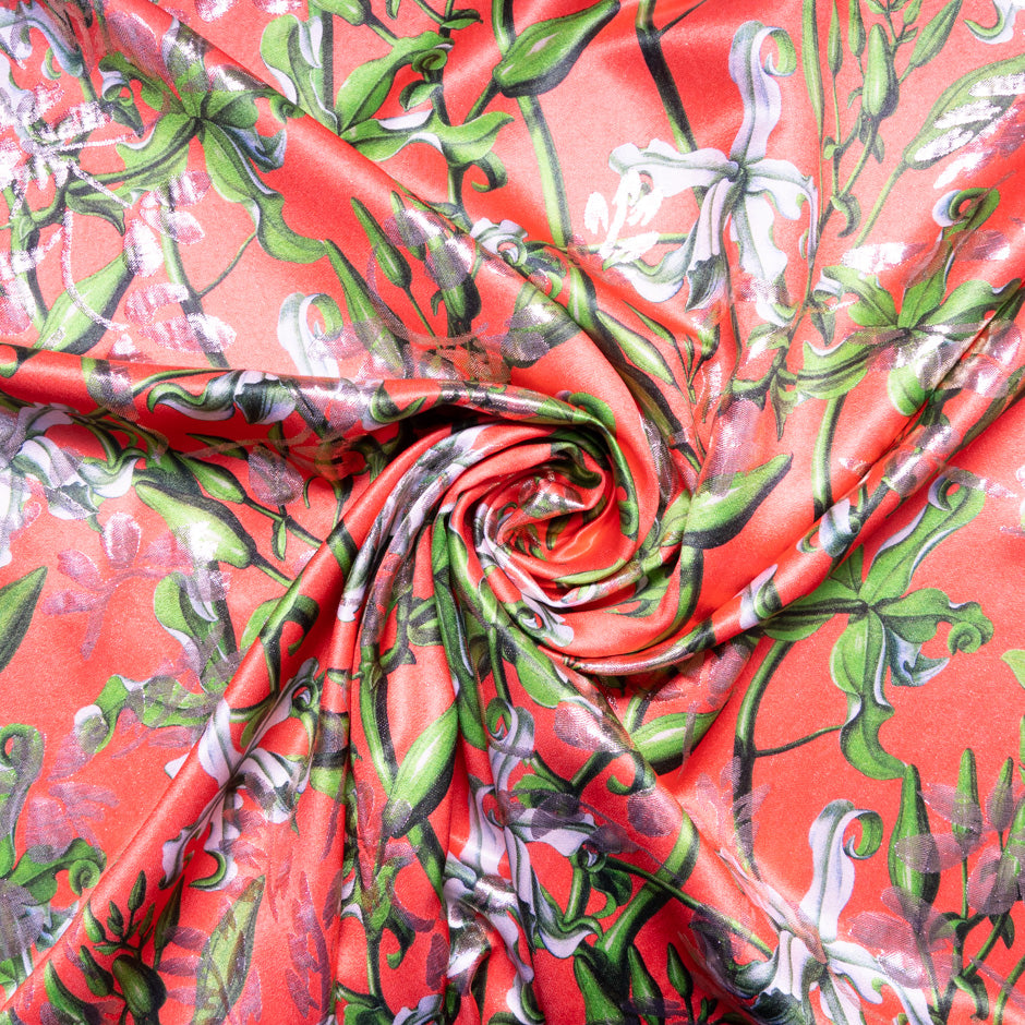 Floral Printed Rich Coral Metallic Silk Blend Jacquard