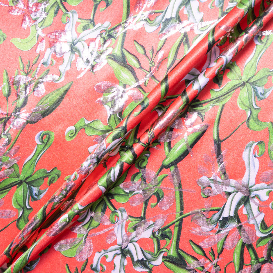 Floral Printed Rich Coral Metallic Silk Blend Jacquard