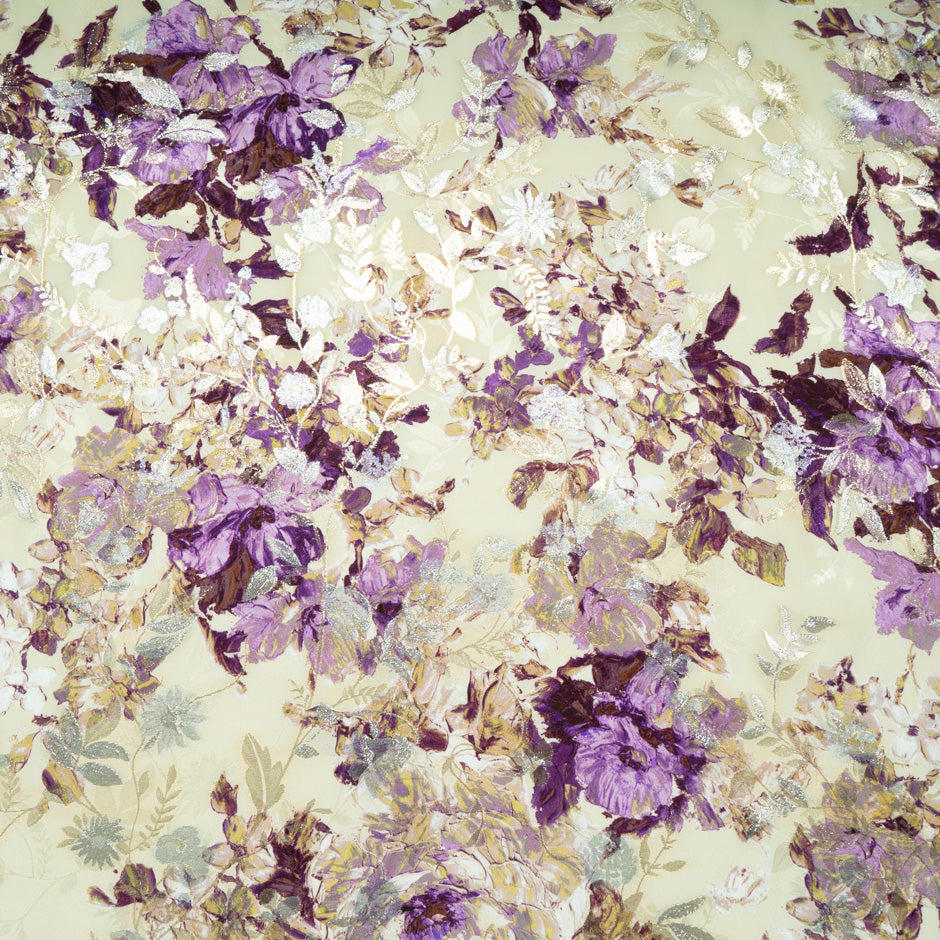 Plum Coloured Floral Printed Metallic Silk Jacquard