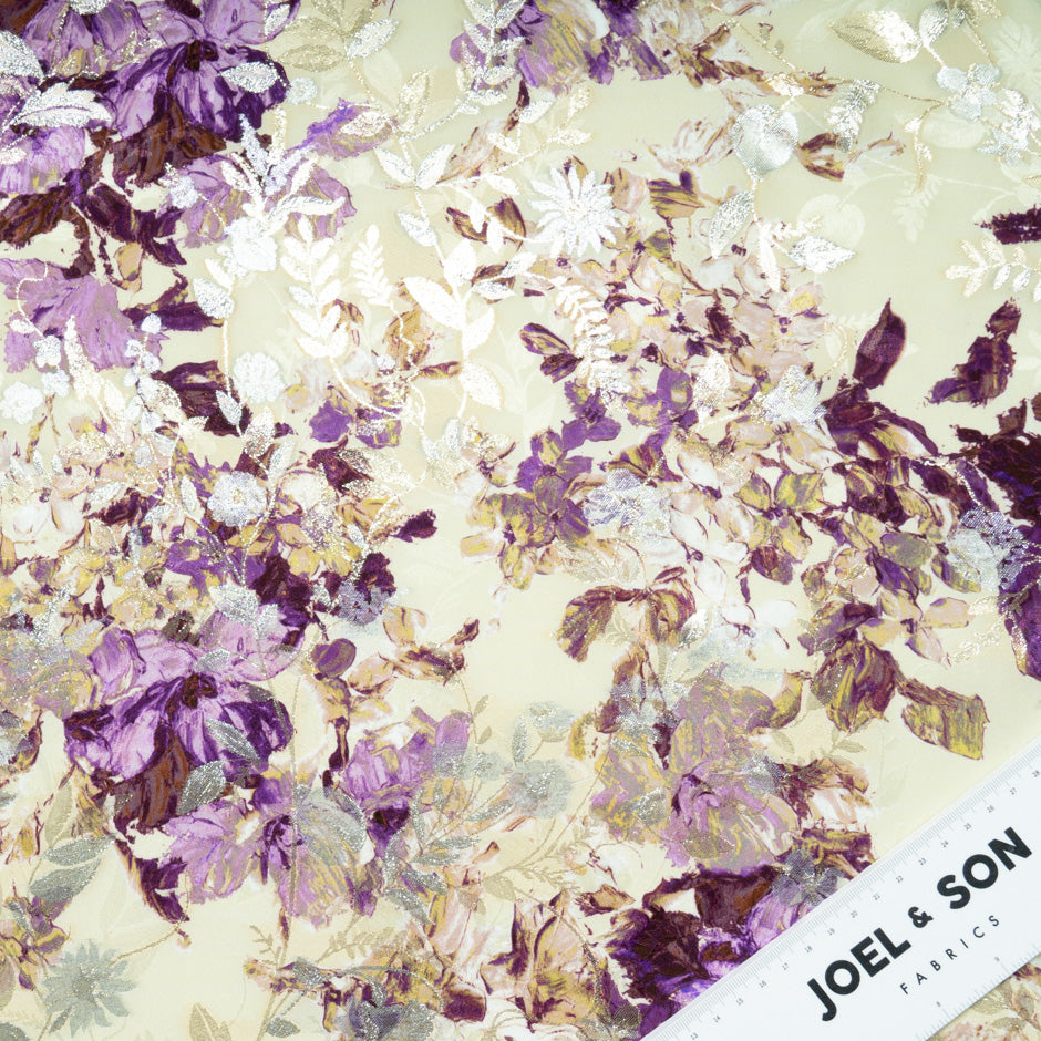 Plum Coloured Floral Printed Metallic Silk Jacquard