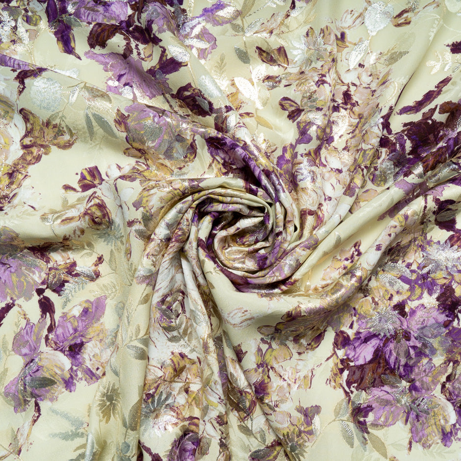 Plum Coloured Floral Printed Metallic Silk Jacquard