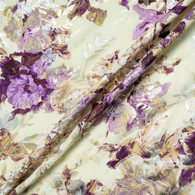 Plum Coloured Floral Printed Metallic Silk Jacquard