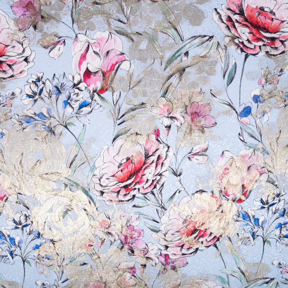 Multi Floral Printed Blue Silk Metallic Jacquard