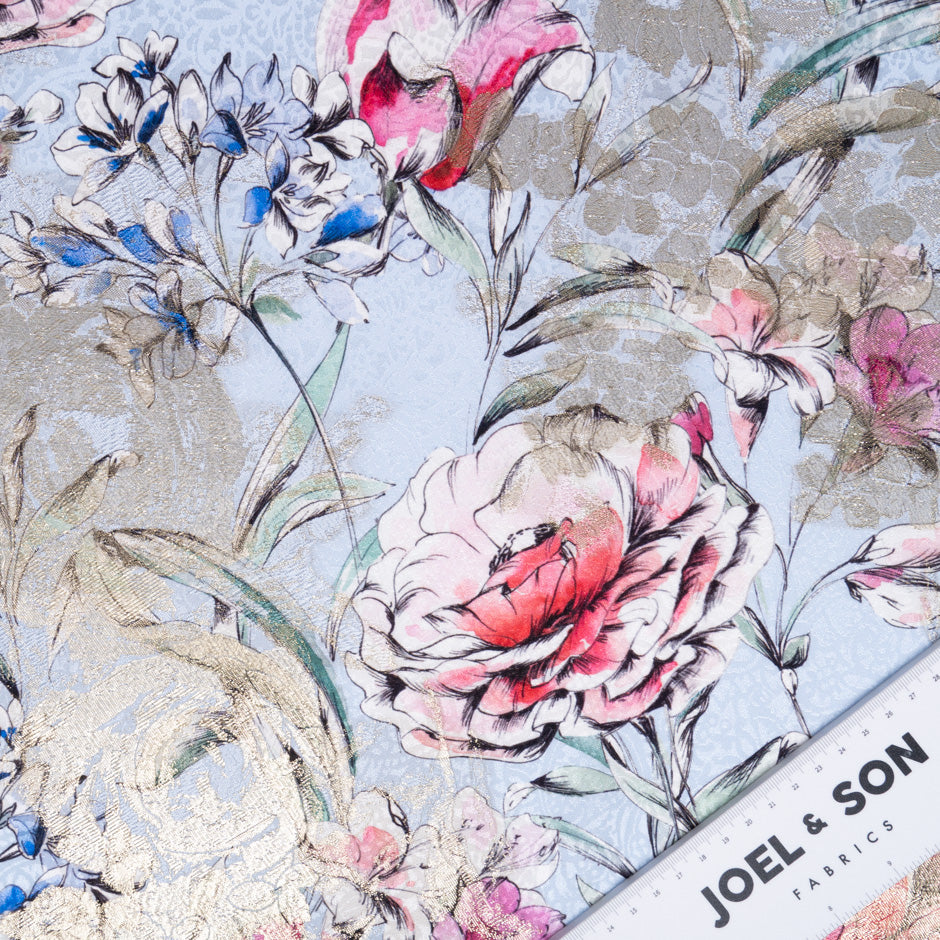 Multi Floral Printed Blue Silk Metallic Jacquard