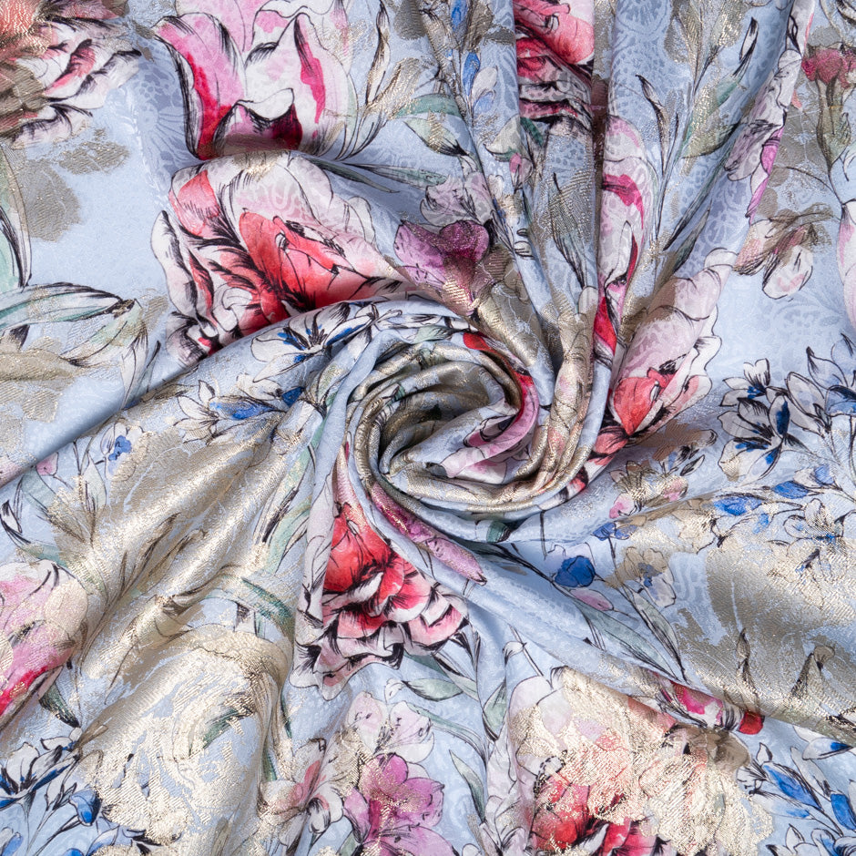 Multi Floral Printed Blue Silk Metallic Jacquard