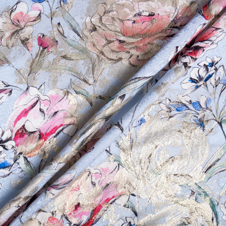 Multi Floral Printed Blue Silk Metallic Jacquard