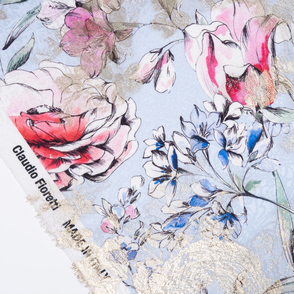 Multi Floral Printed Blue Silk Metallic Jacquard