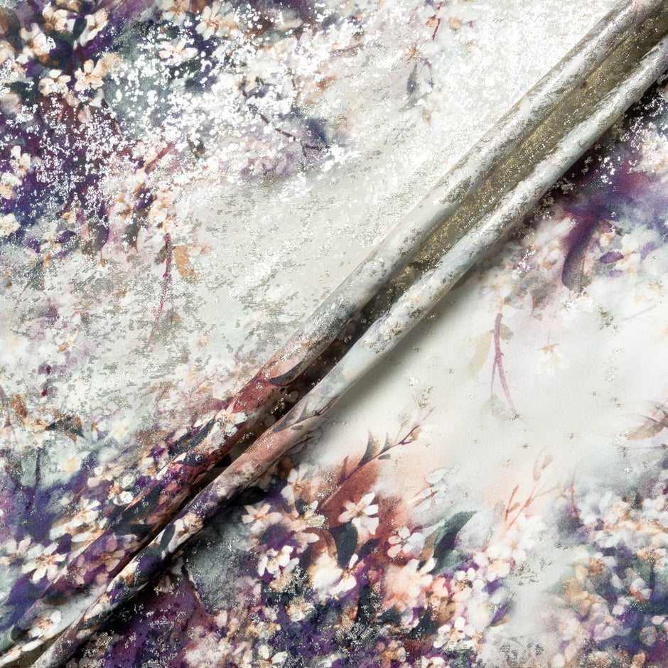 Floral Printed Grey Silk Metallic Jacquard