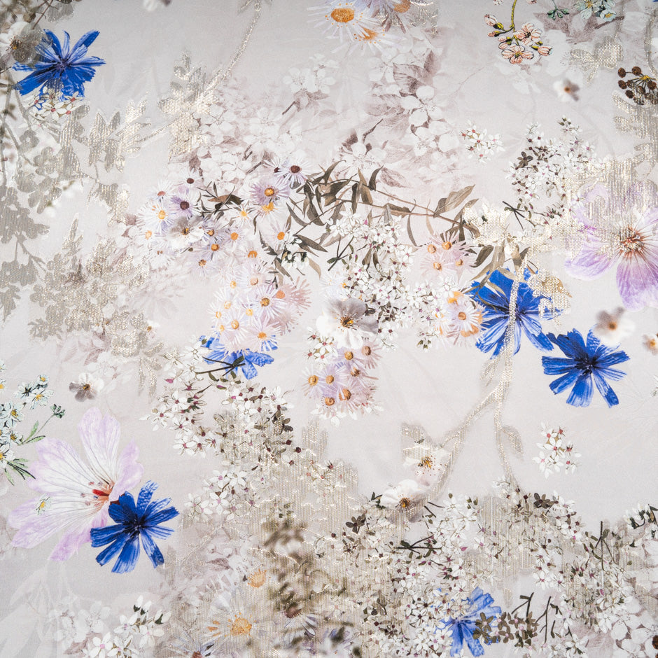 Floral Printed Pure Silk Taupe Metallic Jacquard
