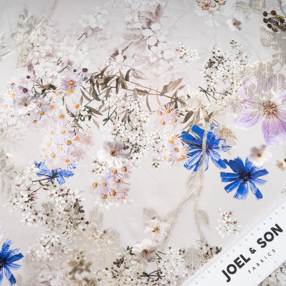 Floral Printed Pure Silk Taupe Metallic Jacquard