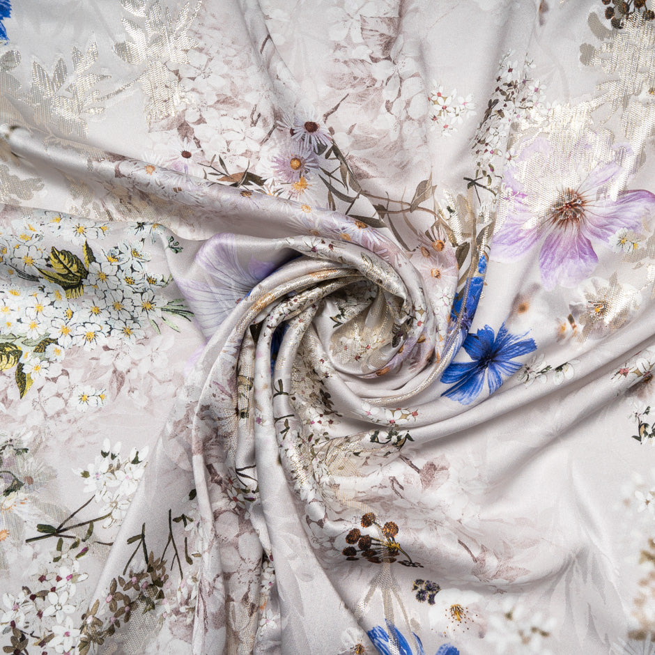 Floral Printed Pure Silk Taupe Metallic Jacquard