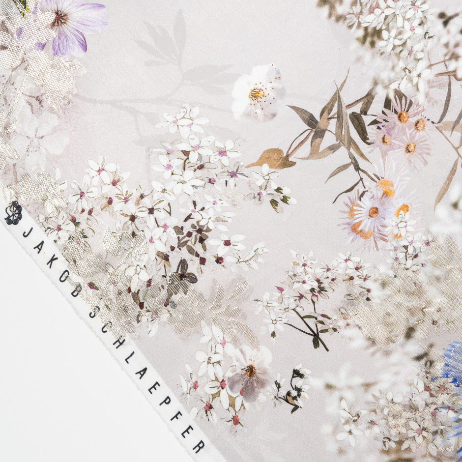Floral Printed Pure Silk Taupe Metallic Jacquard