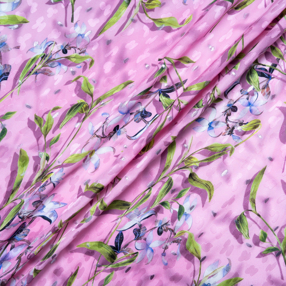 Floral Printed Candy Pink Silk Metallic Jacquard