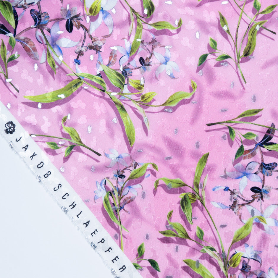 Floral Printed Candy Pink Silk Metallic Jacquard