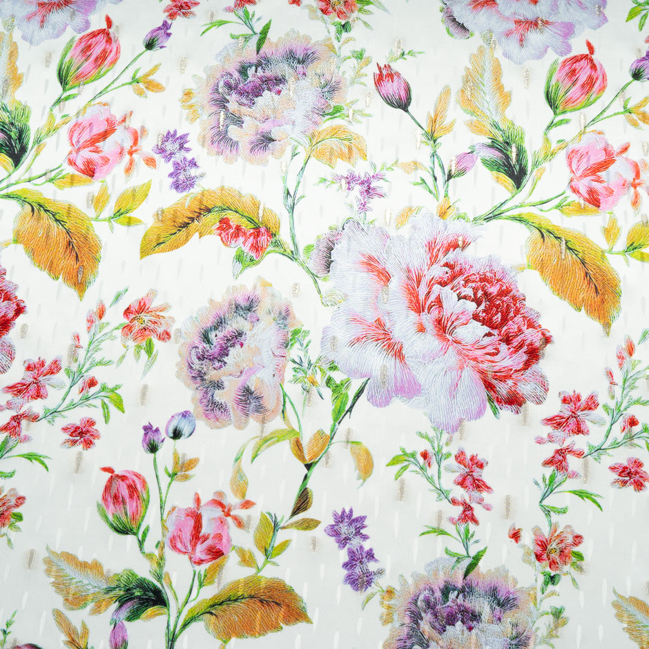 Multi-Coloured Floral Printed White Silk Jacquard