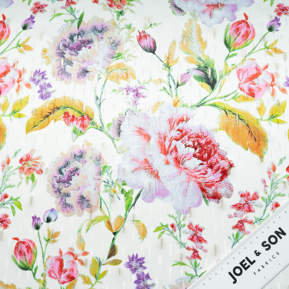 Multi-Coloured Floral Printed White Silk Jacquard