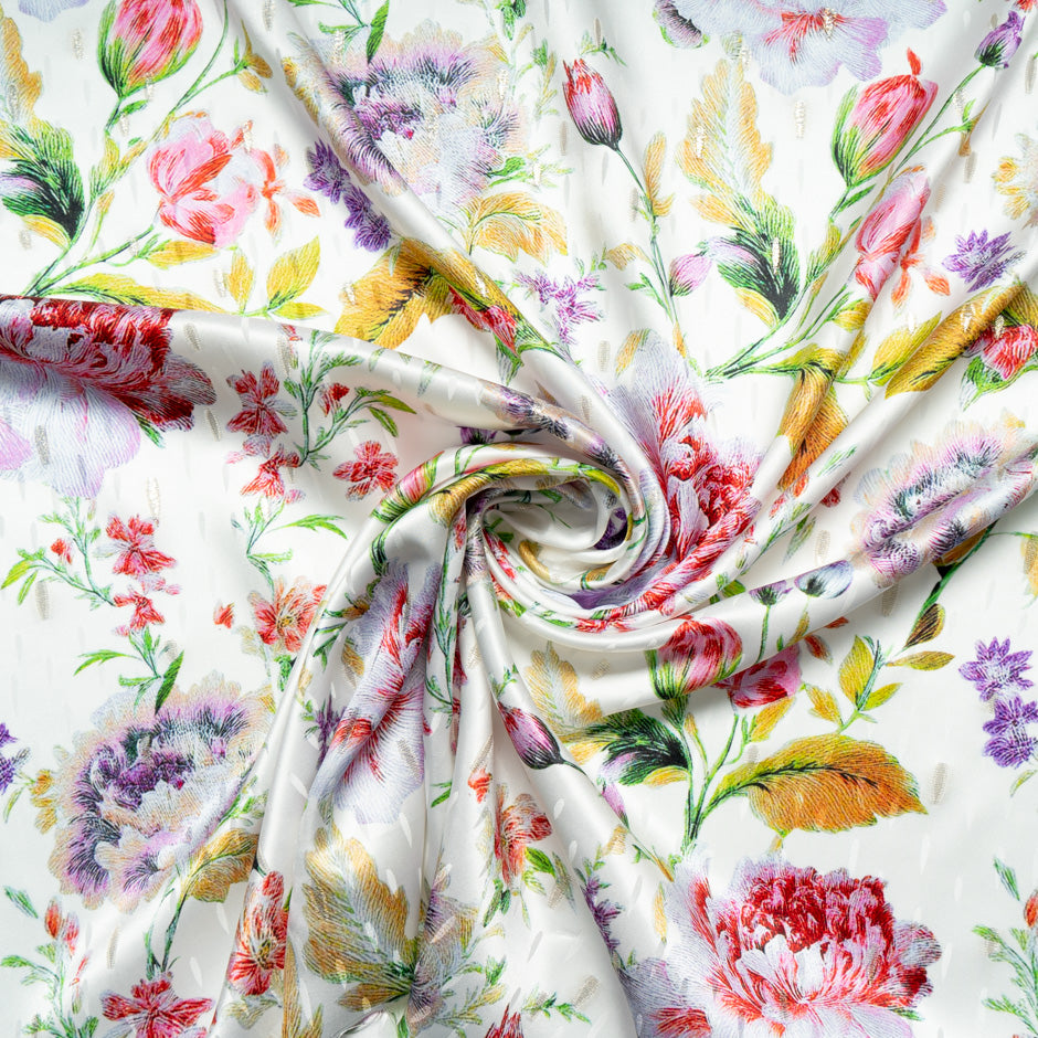 Multi-Coloured Floral Printed White Silk Jacquard