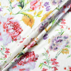 Multi-Coloured Floral Printed White Silk Jacquard