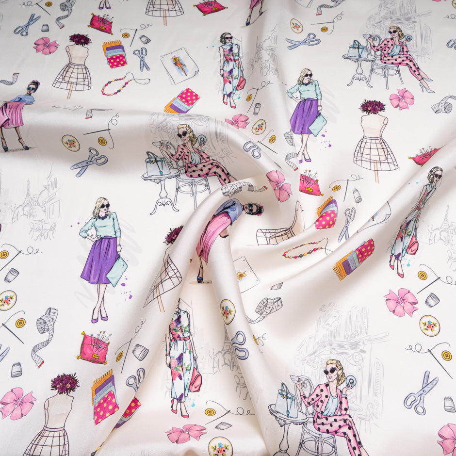 Sewing Essentials Printed Ivory Silk Twill Blend