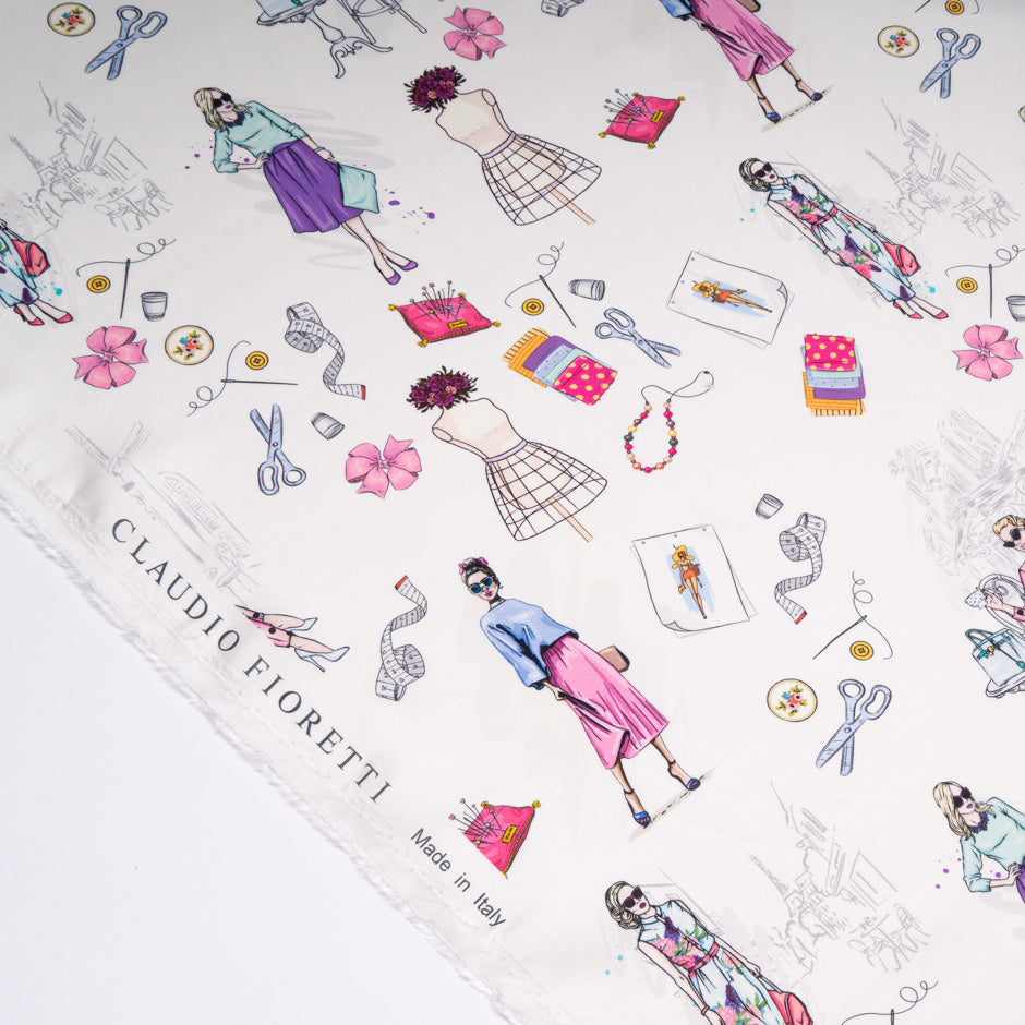 Sewing Essentials Printed Ivory Silk Twill Blend