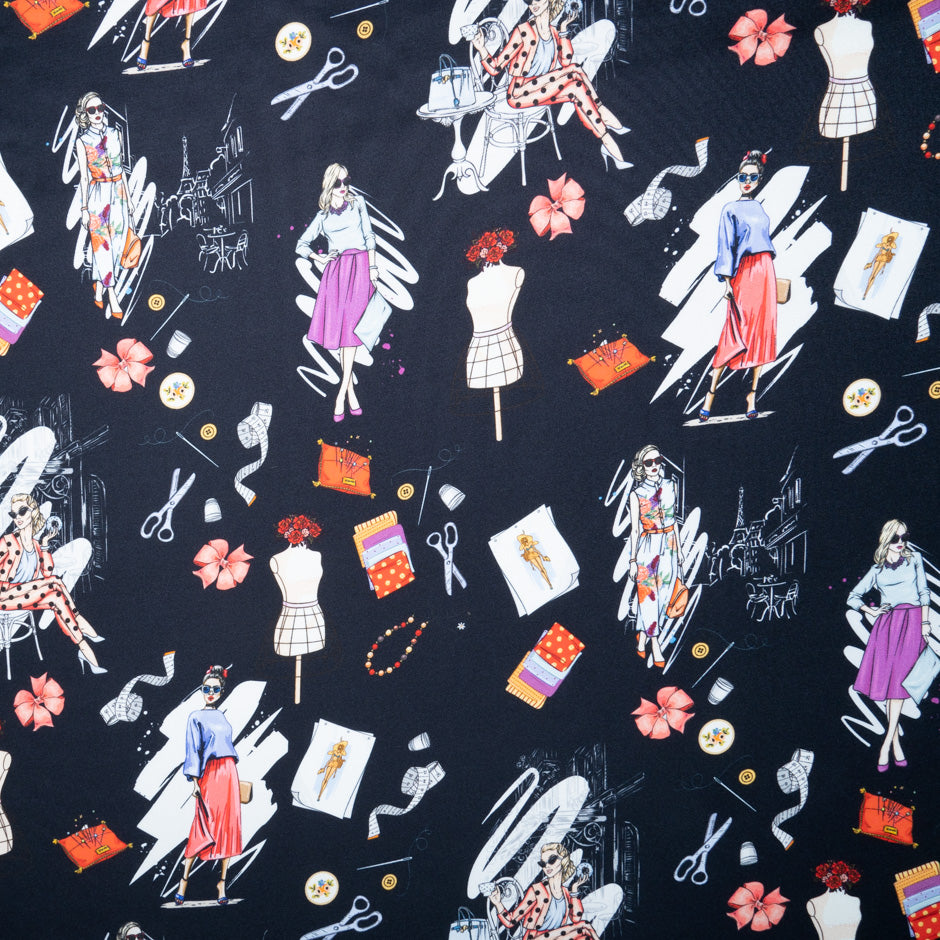 Sewing Essentials Printed Black Silk Twill Blend