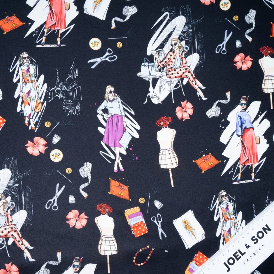 Sewing Essentials Printed Black Silk Twill Blend