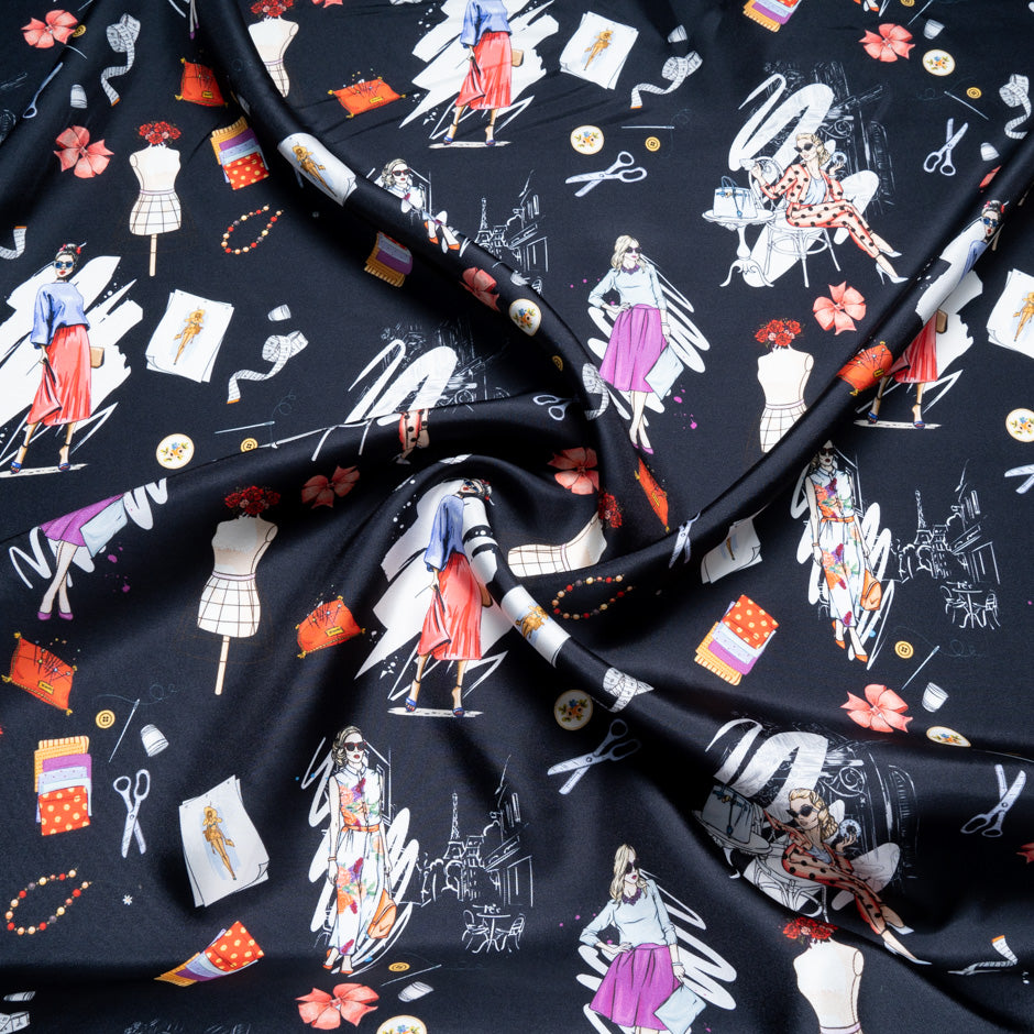 Sewing Essentials Printed Black Silk Twill Blend