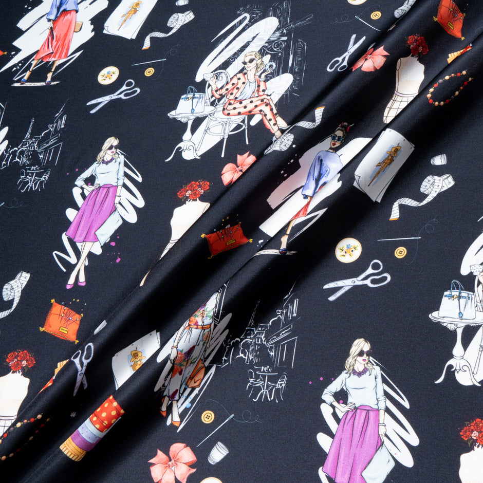Sewing Essentials Printed Black Silk Twill Blend