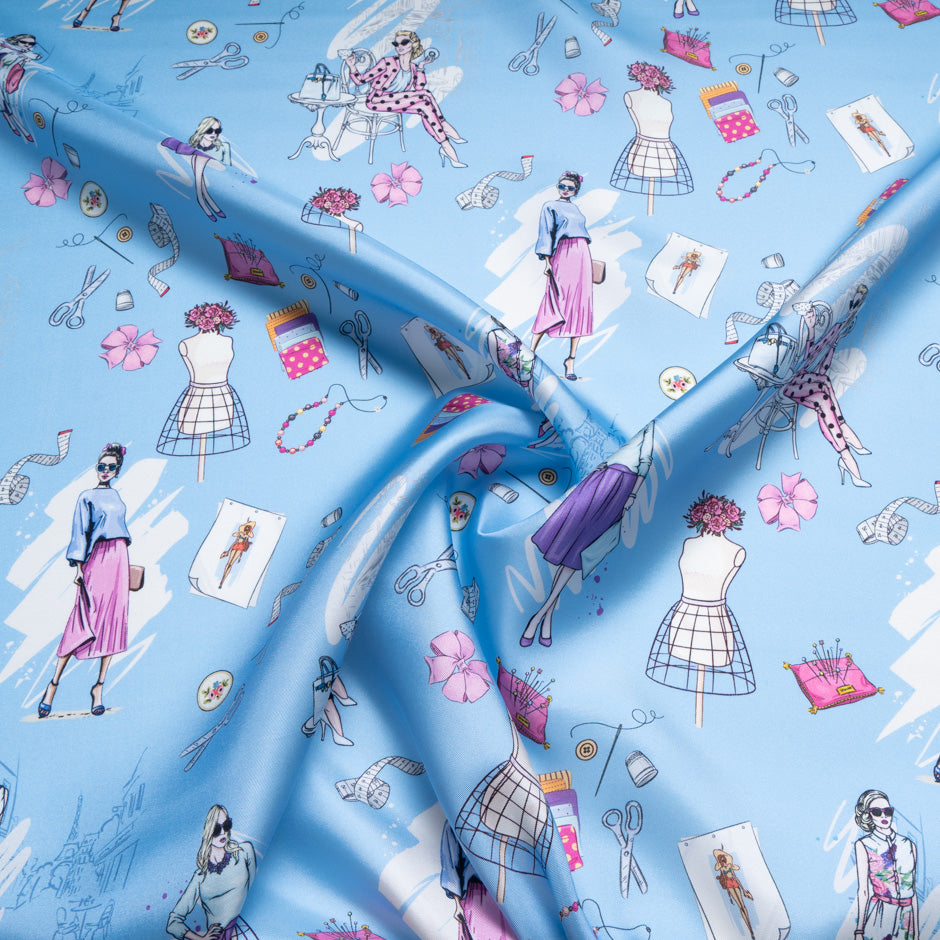 Sewing Essentials Printed Blue Silk Twill Blend