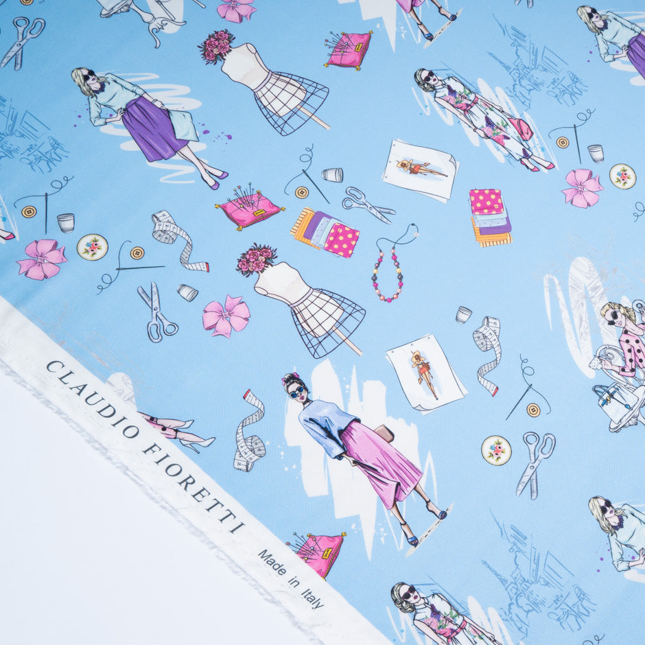 Sewing Essentials Printed Blue Silk Twill Blend