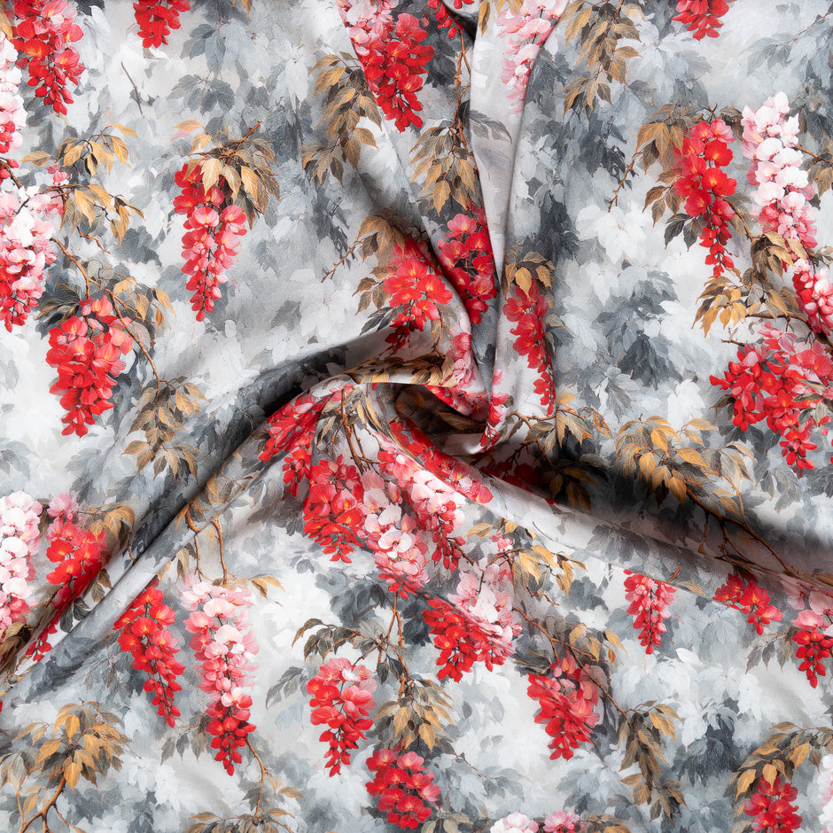 Peacock Printed White Stretch Silk Satin
