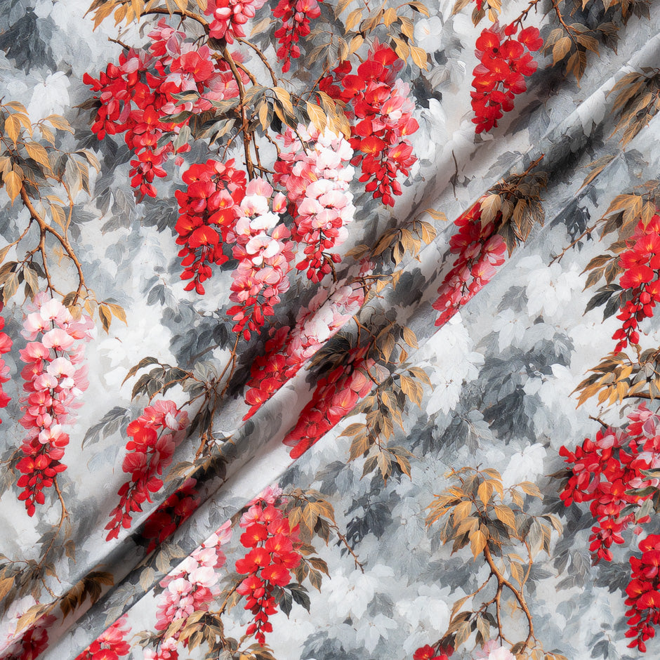 Peacock Printed White Stretch Silk Satin