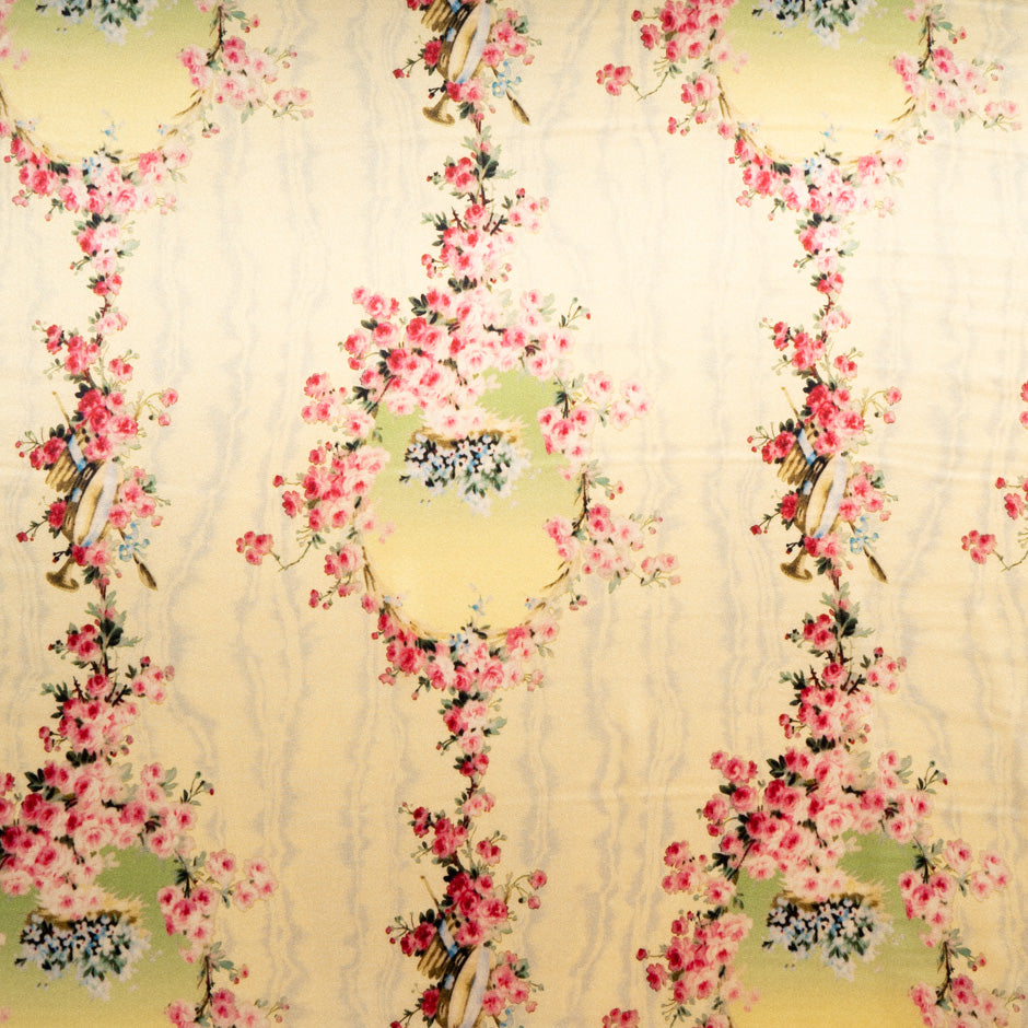 Deep Pink Floral Printed Custard Yellow Stretch Silk