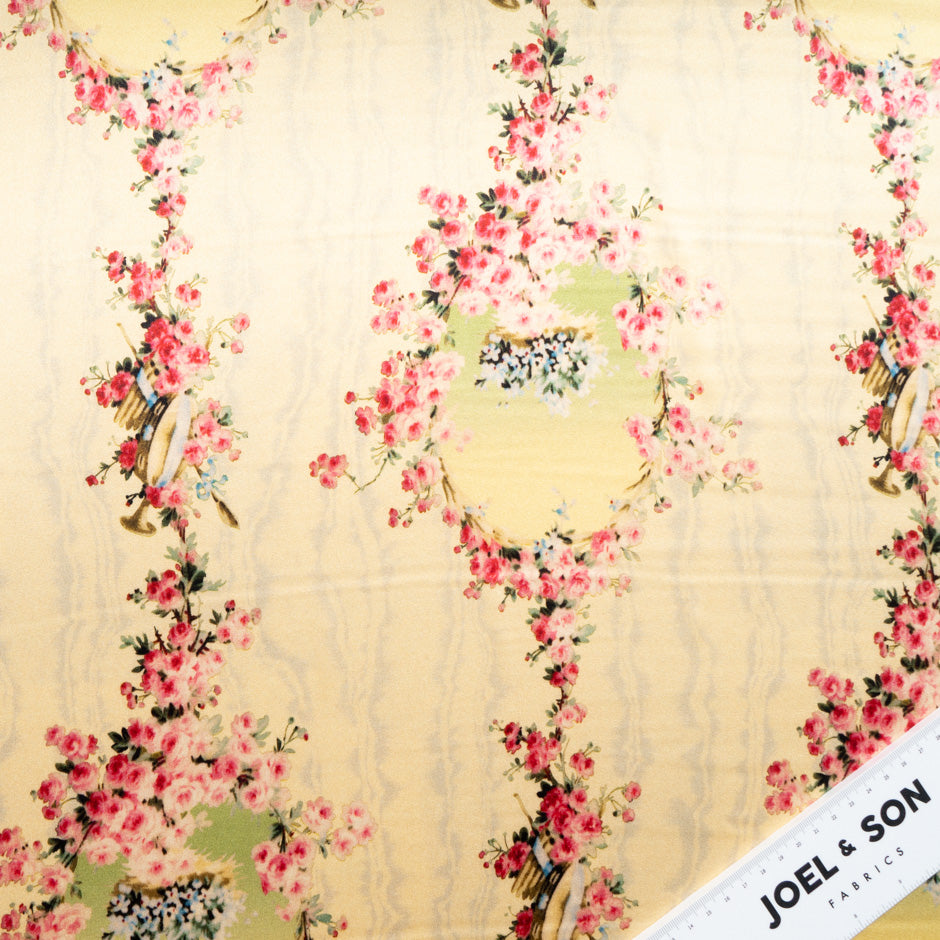 Deep Pink Floral Printed Custard Yellow Stretch Silk