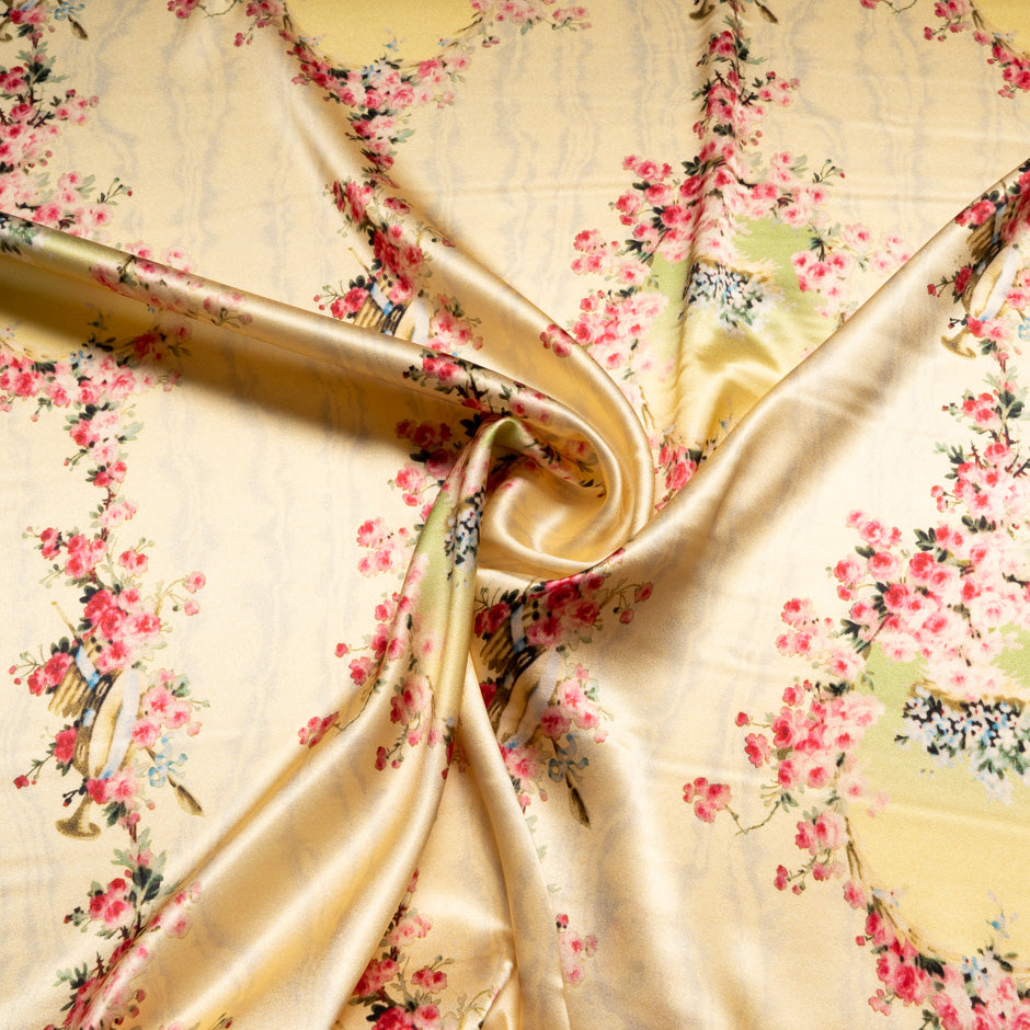 Deep Pink Floral Printed Custard Yellow Stretch Silk