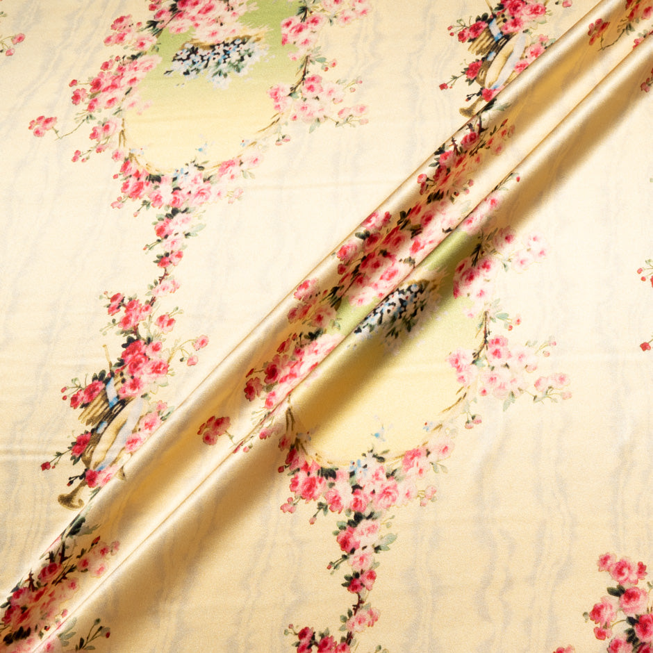 Deep Pink Floral Printed Custard Yellow Stretch Silk