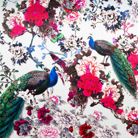 Peacock Printed White Stretch Silk Satin