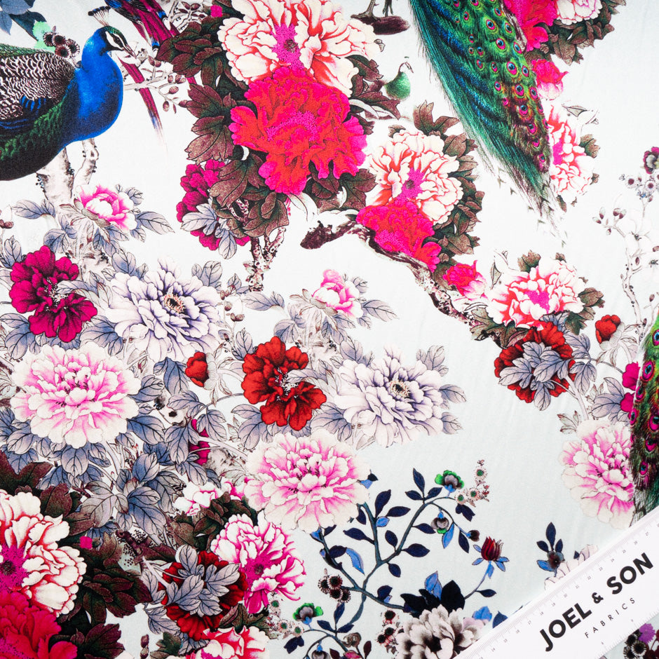 Peacock Printed White Stretch Silk Satin