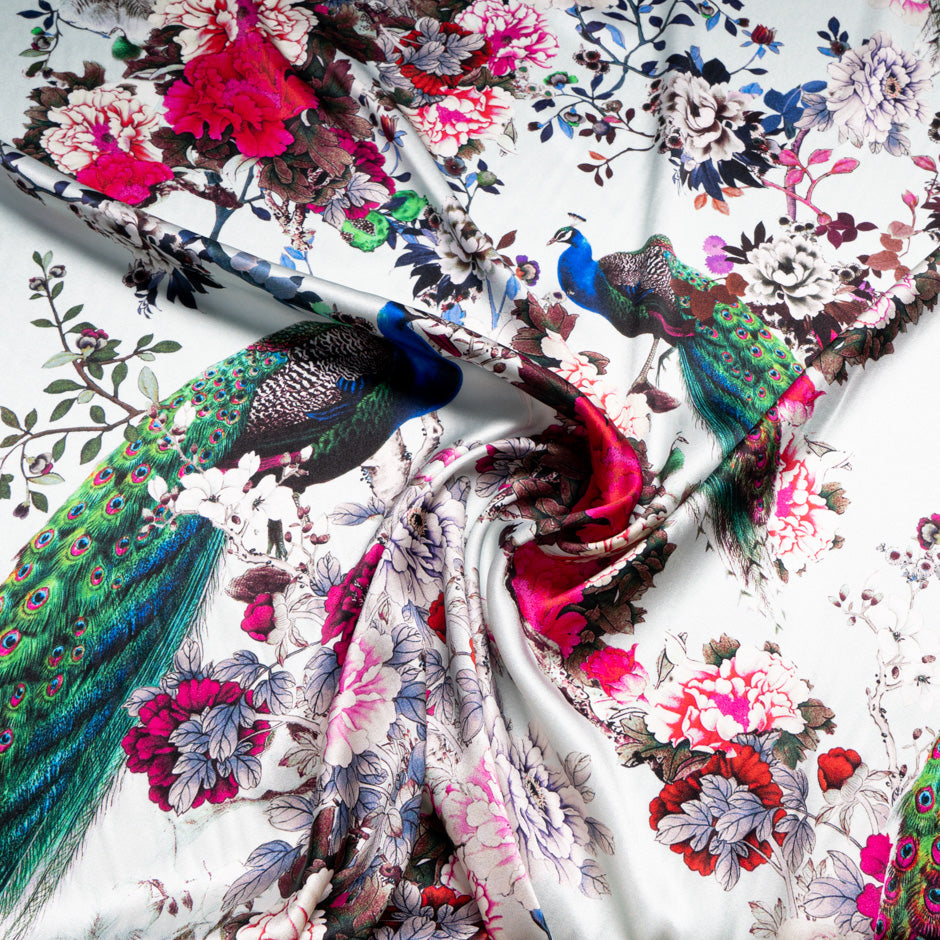 Peacock Printed White Stretch Silk Satin